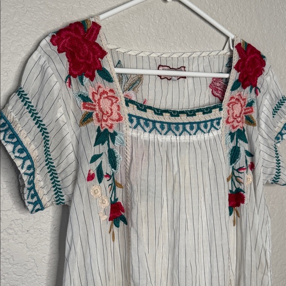 Johnny Was Other - Johnny Was Workshop Embroidered Floral White Pinstripe Dress Cover Up Size M